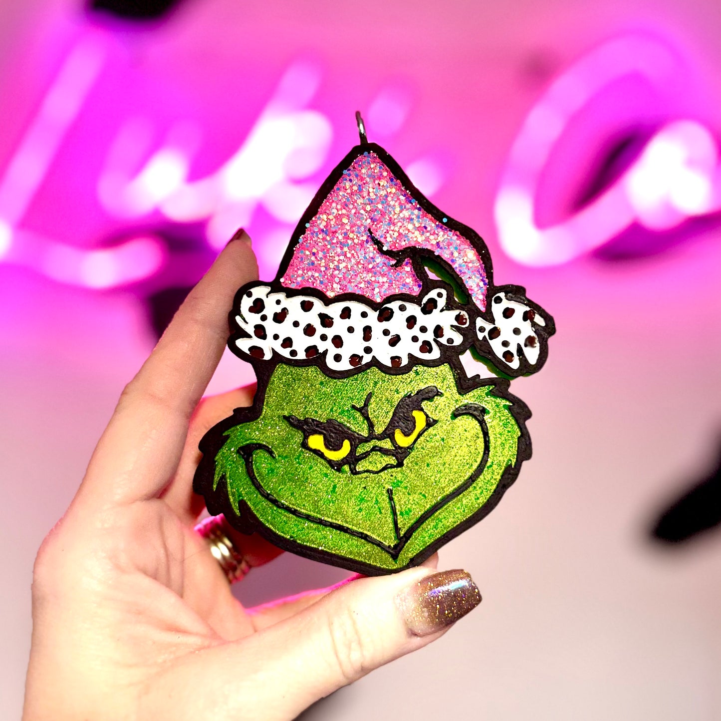 Pink Leopard/Cheetah Hat Grinch Car Freshie