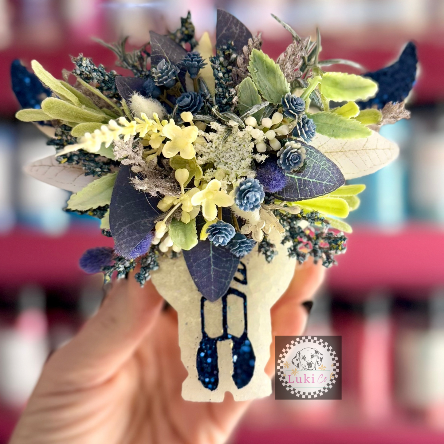Navy Floral Bullskull Car Freshie