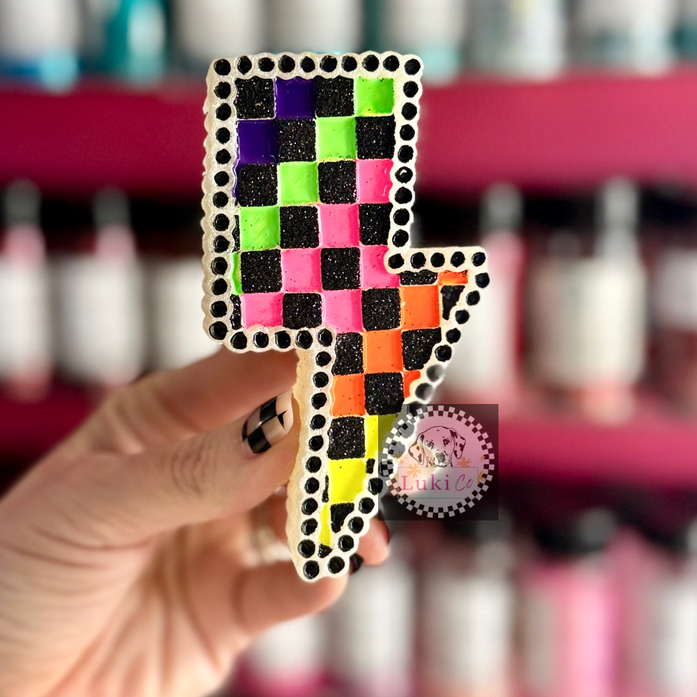 Neon Checkered Lightning Bolt Car Freshie