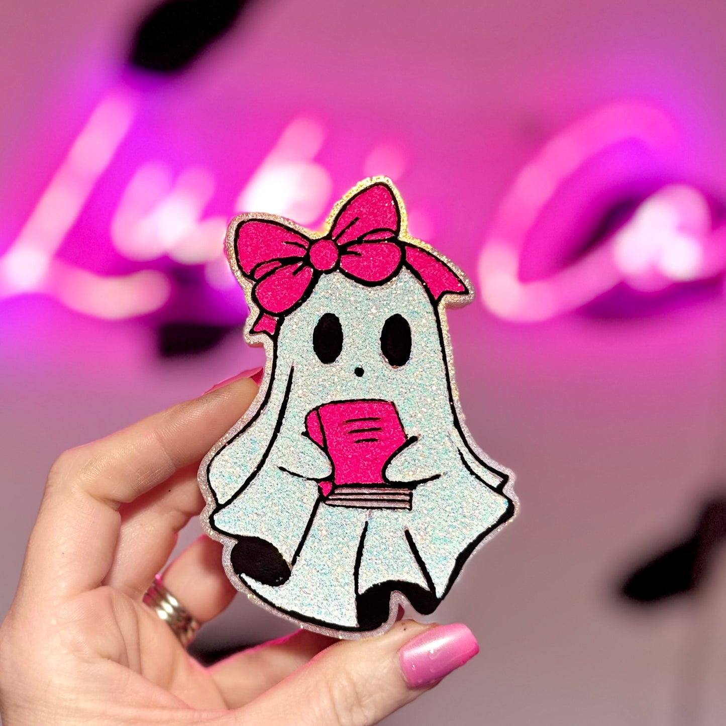 Ghost with Book - Neon Pink Car Freshie