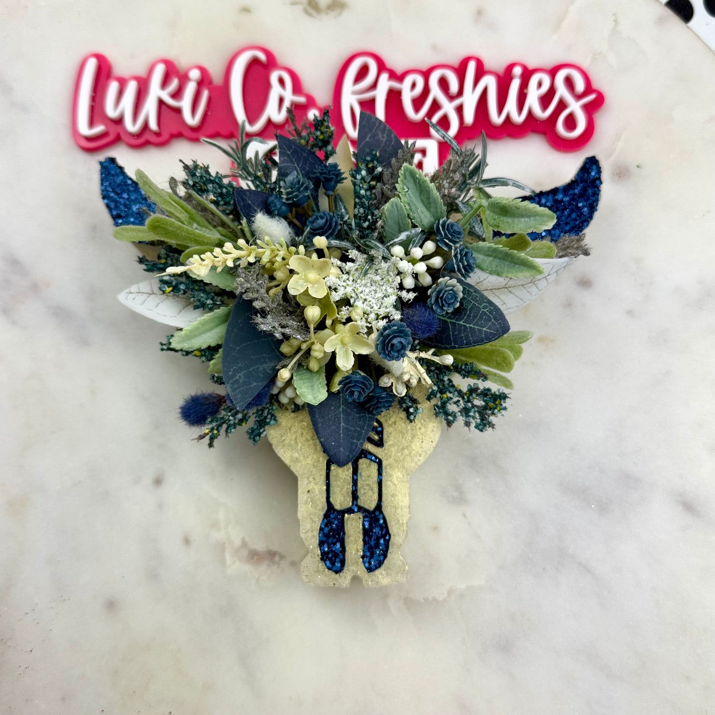 Navy Floral Bullskull Car Freshie