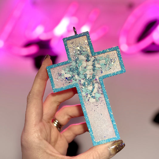 Blue & White Geode Cross Car Freshie