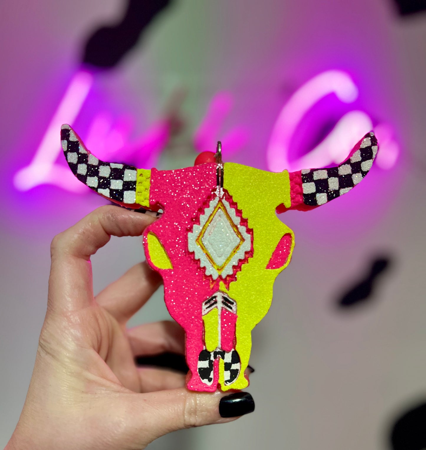 Neon Checkered Bull Skull Car Freshies