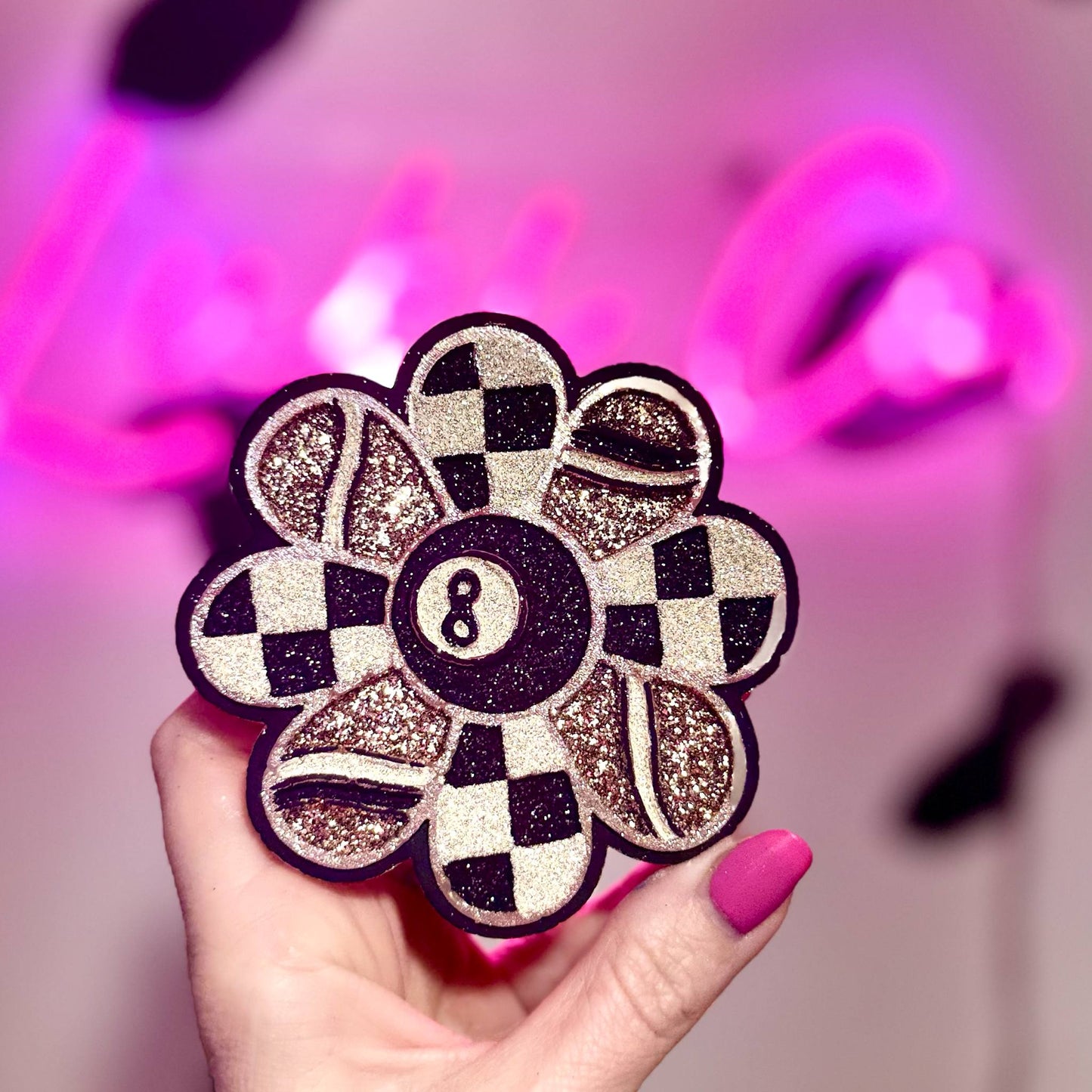 8-Ball Checkered Flower - Neutral -Car Freshie
