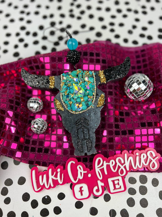 The Turquoise Cow Girl Bull Skull Car Freshie