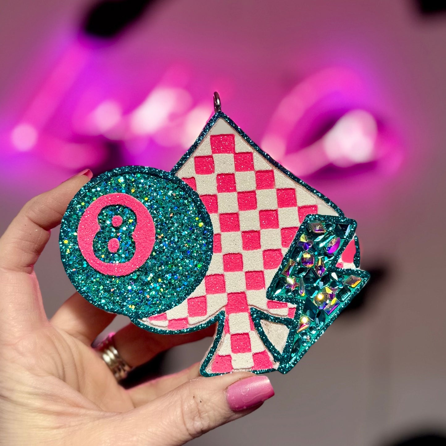Rhinestoned 8 Ball -Spade - Bolt - Pink and Teal  -Car Freshie