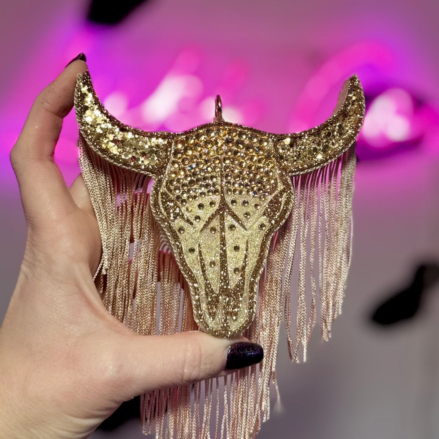 Golden Goddess Rhinestone Bullskull Car Freshie