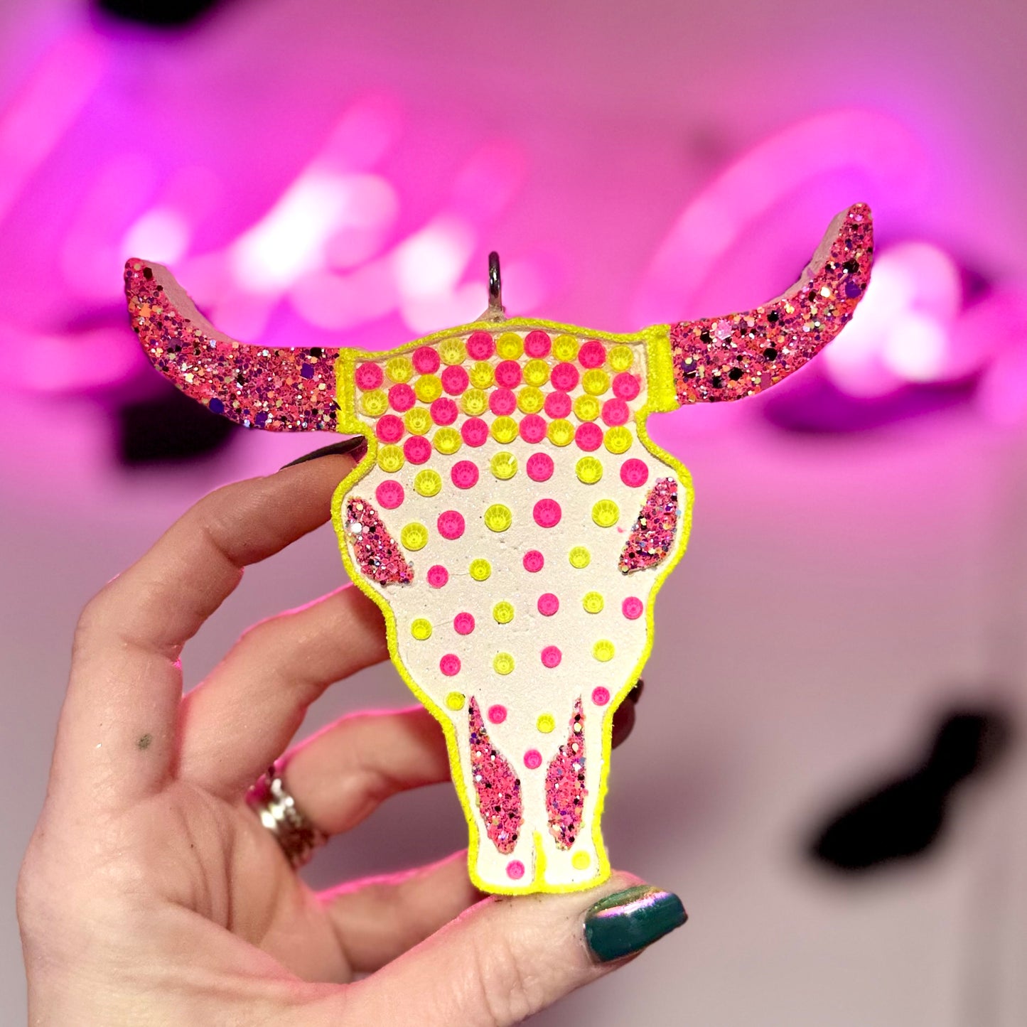 Neon Lights Rhinestoned Bull Skull  Car Freshie