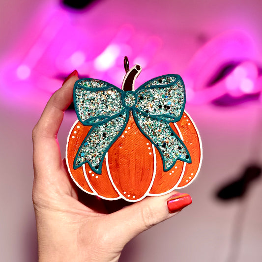 Painted Pumpkin Teal Bow Car Freshie