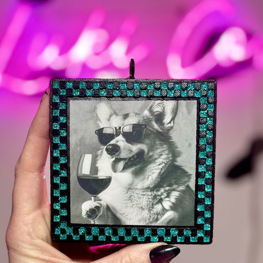 Corgi(Wine Glass)  Glittered Checkered Frame Car Freshie