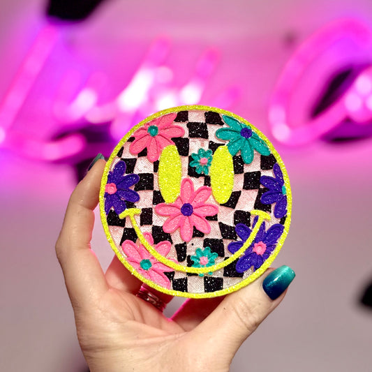 Checkered and Floral Happy Face  Glasses Car Freshie