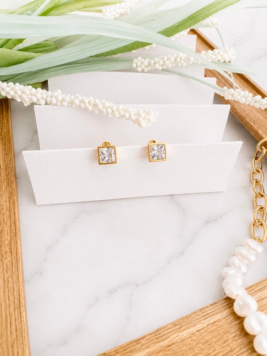 18k Gold Clear Crystal Square Studs