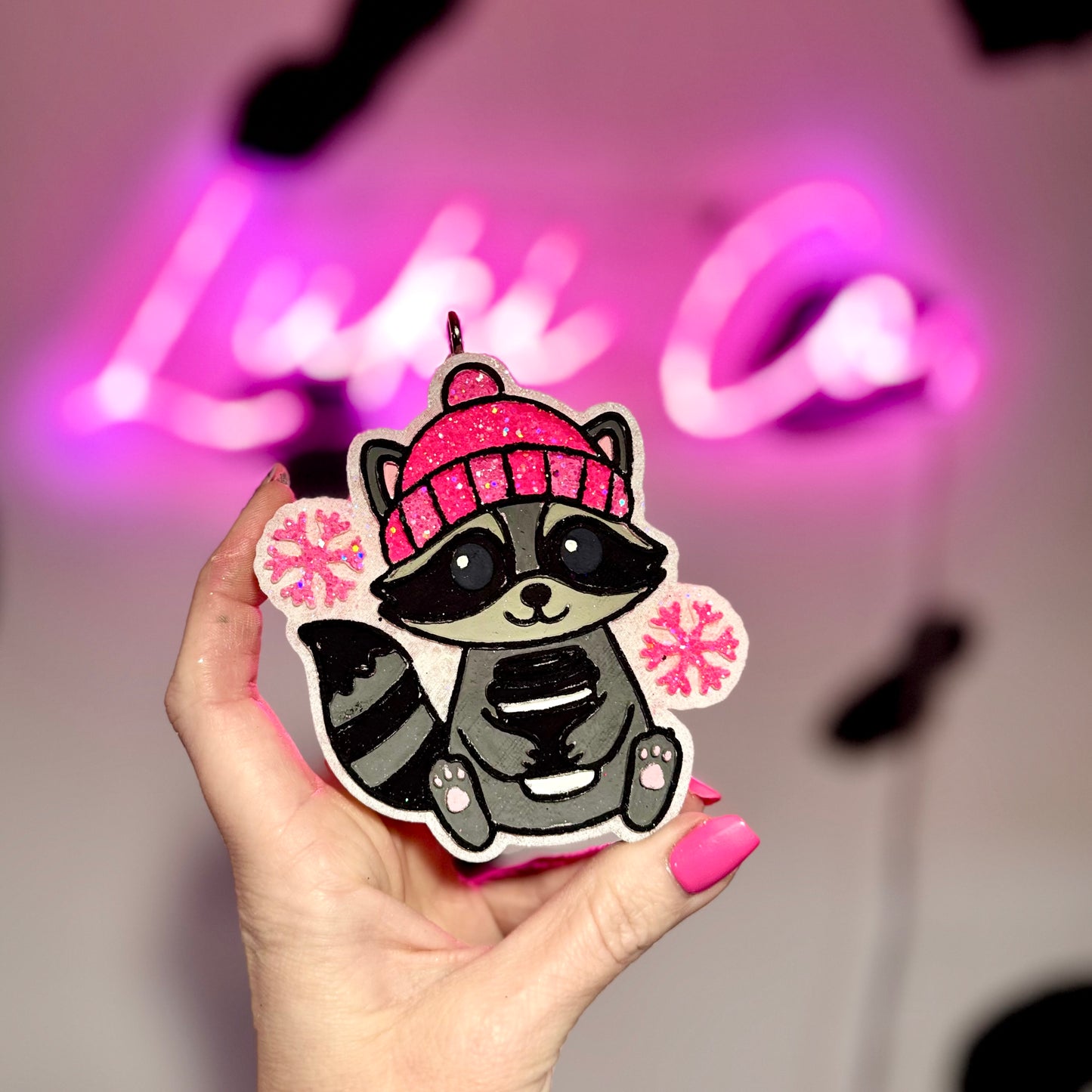 PINKMAS Raccoon with Coffee Car Freshie