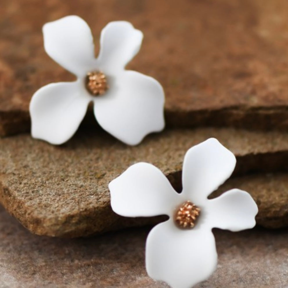 White Metal Flower Stud Earrings
