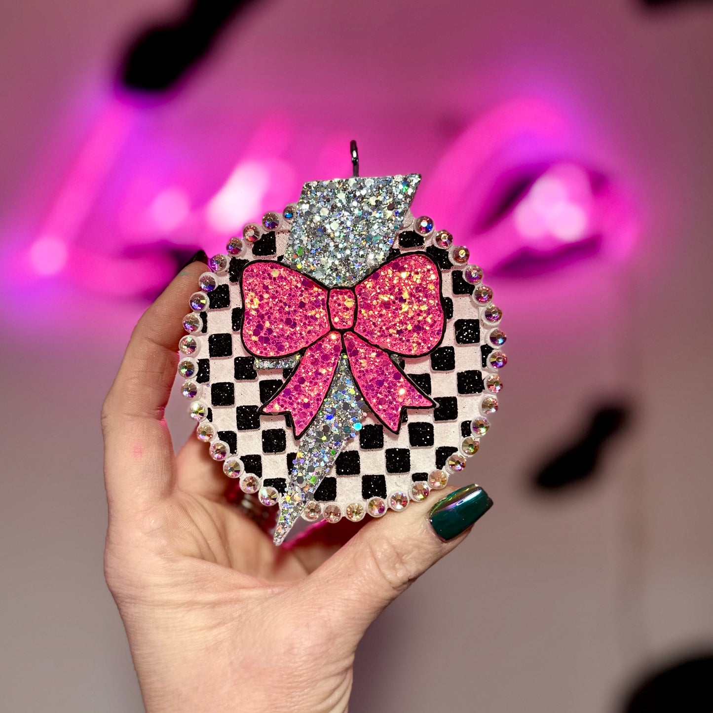 Checkered Bolt/Bow with Rhinestones Car Freshie