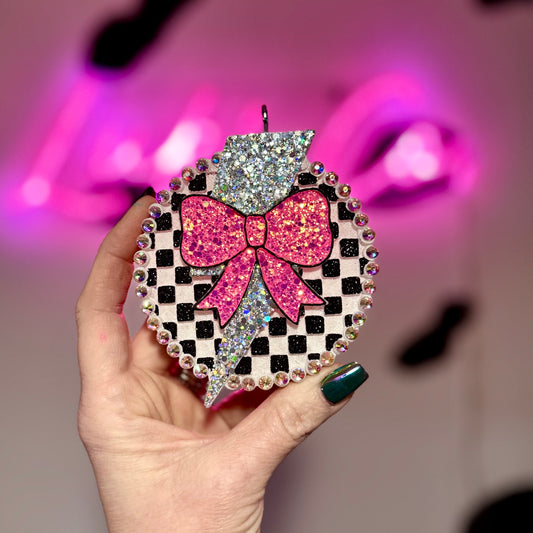 Checkered Bolt/Bow with Rhinestones Car Freshie