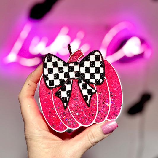 Neon Pink Pumpkin  - Checked Bow  Car Freshie
