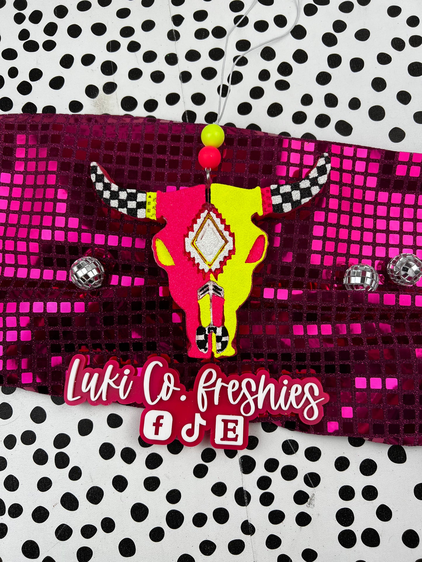 Neon Checkered Bull Skull Car Freshies