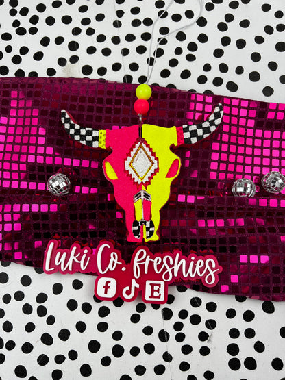 Neon Checkered Bull Skull Car Freshies