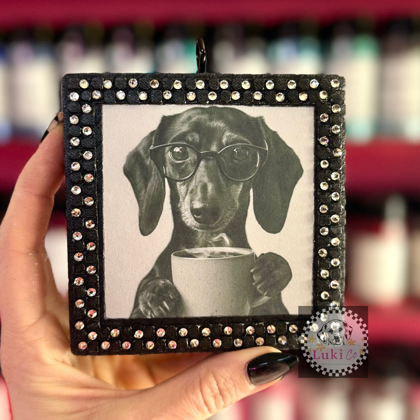 Dachshund Rhinestoned Checkered Frame Car Freshie