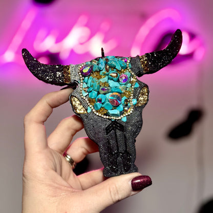 The Turquoise Cow Girl Bull Skull Car Freshie