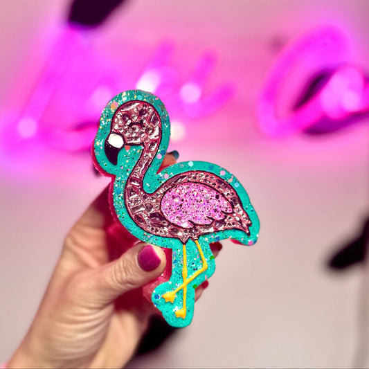 Rhinestone Flamingo With Blue Background - Car Freshie