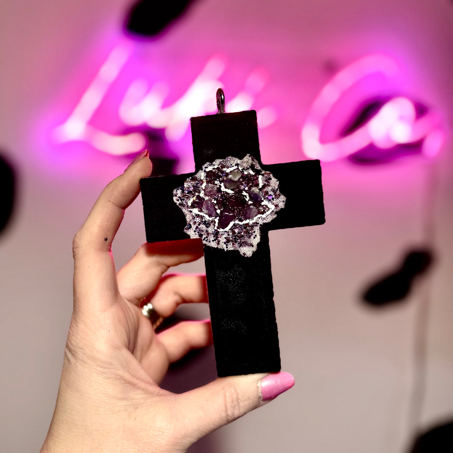 Black & Amethyst Geode Cross Car Freshie