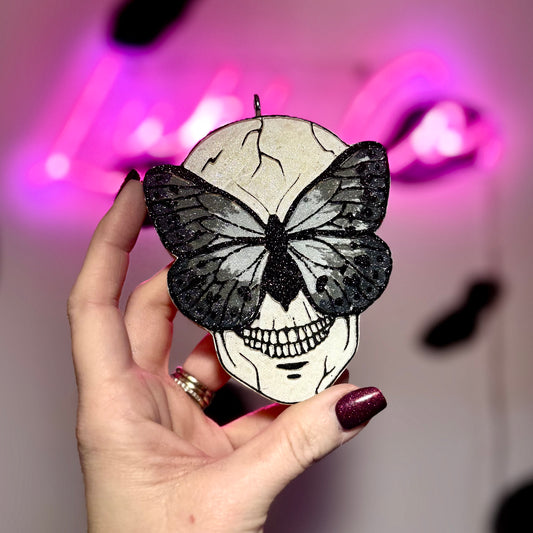 Silver Moth Butterfly Skull Car Freshie