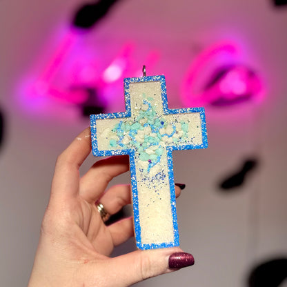 Blue & White Geode Cross Car Freshie