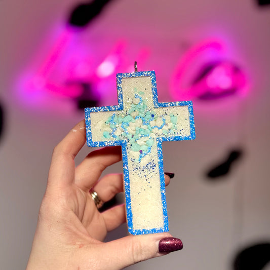 Blue & White Geode Cross Car Freshie