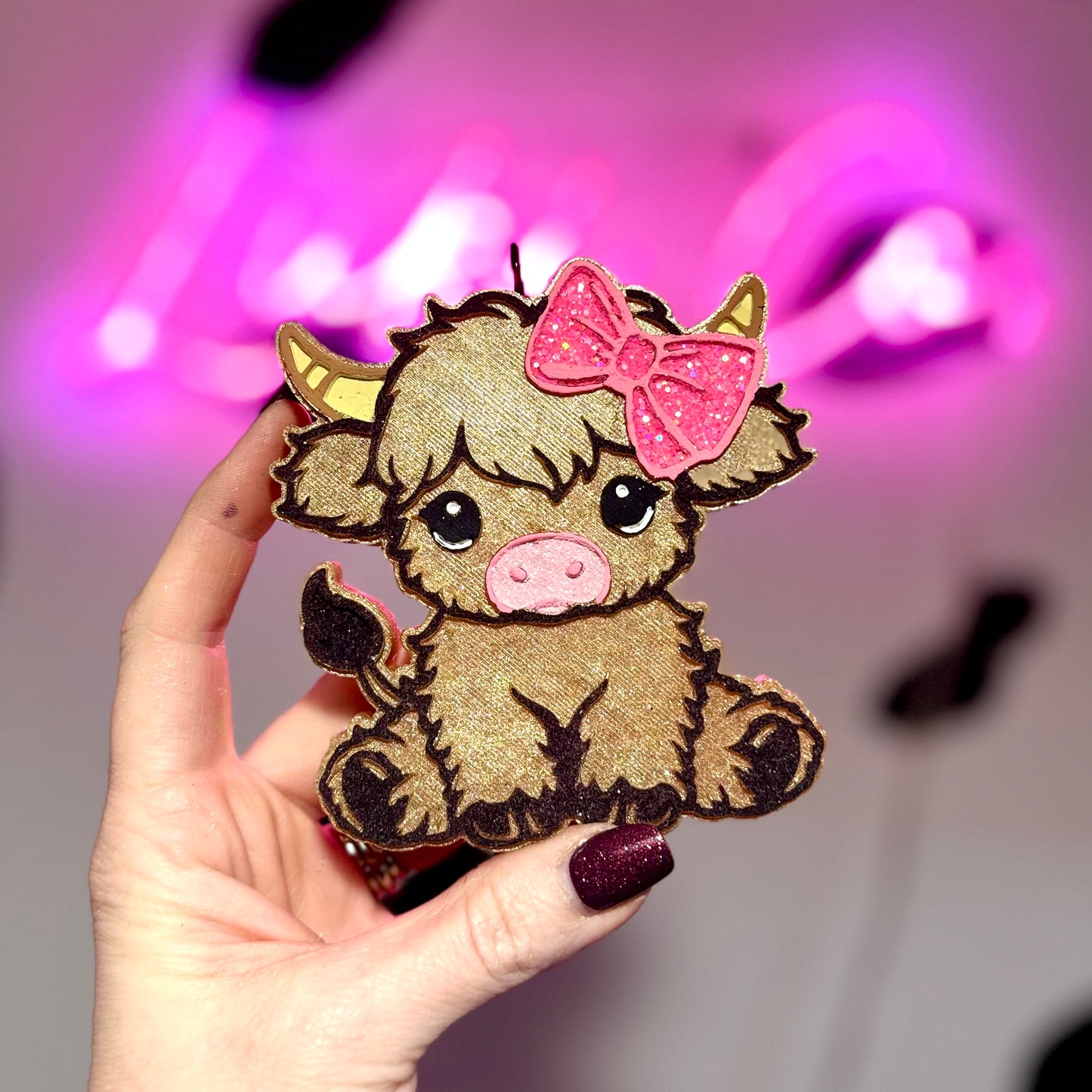 Brown Highland with Pink Bow Car Freshie