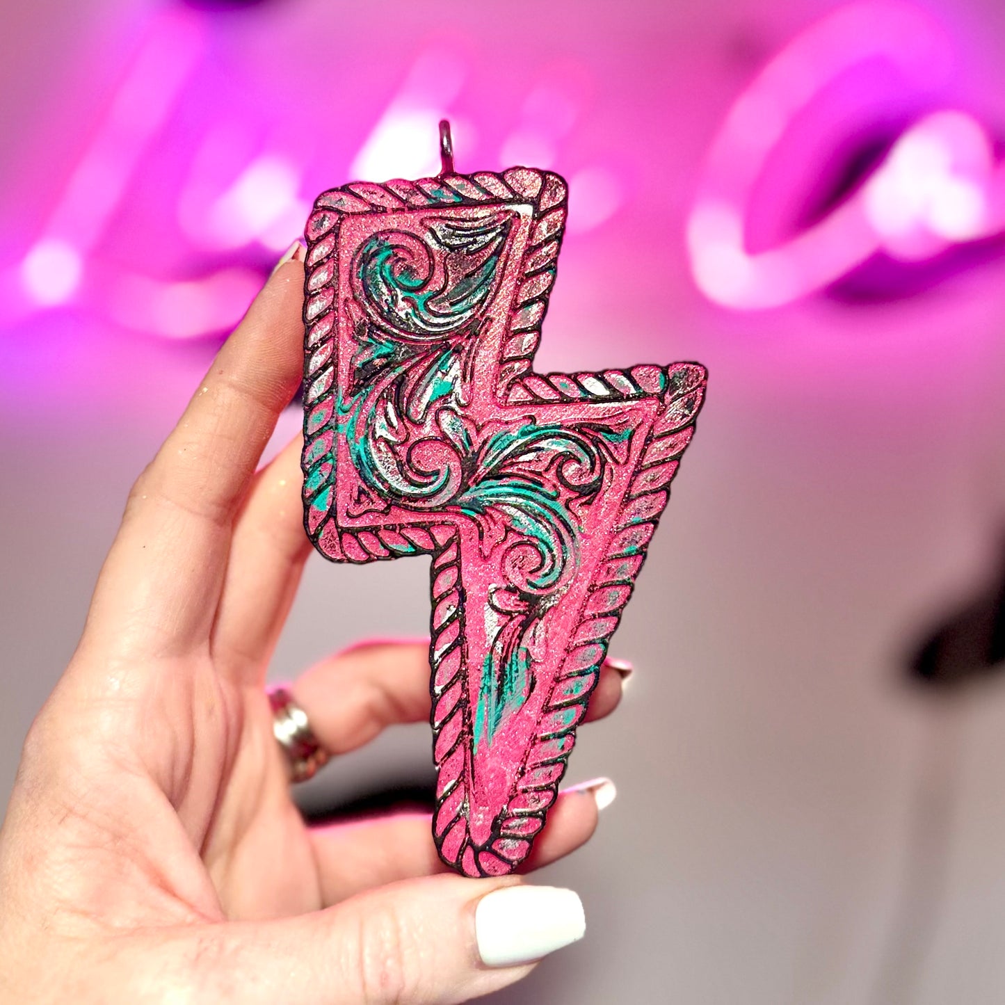 Pink & Teal Western Embossed Lightning Bolt Car Freshie