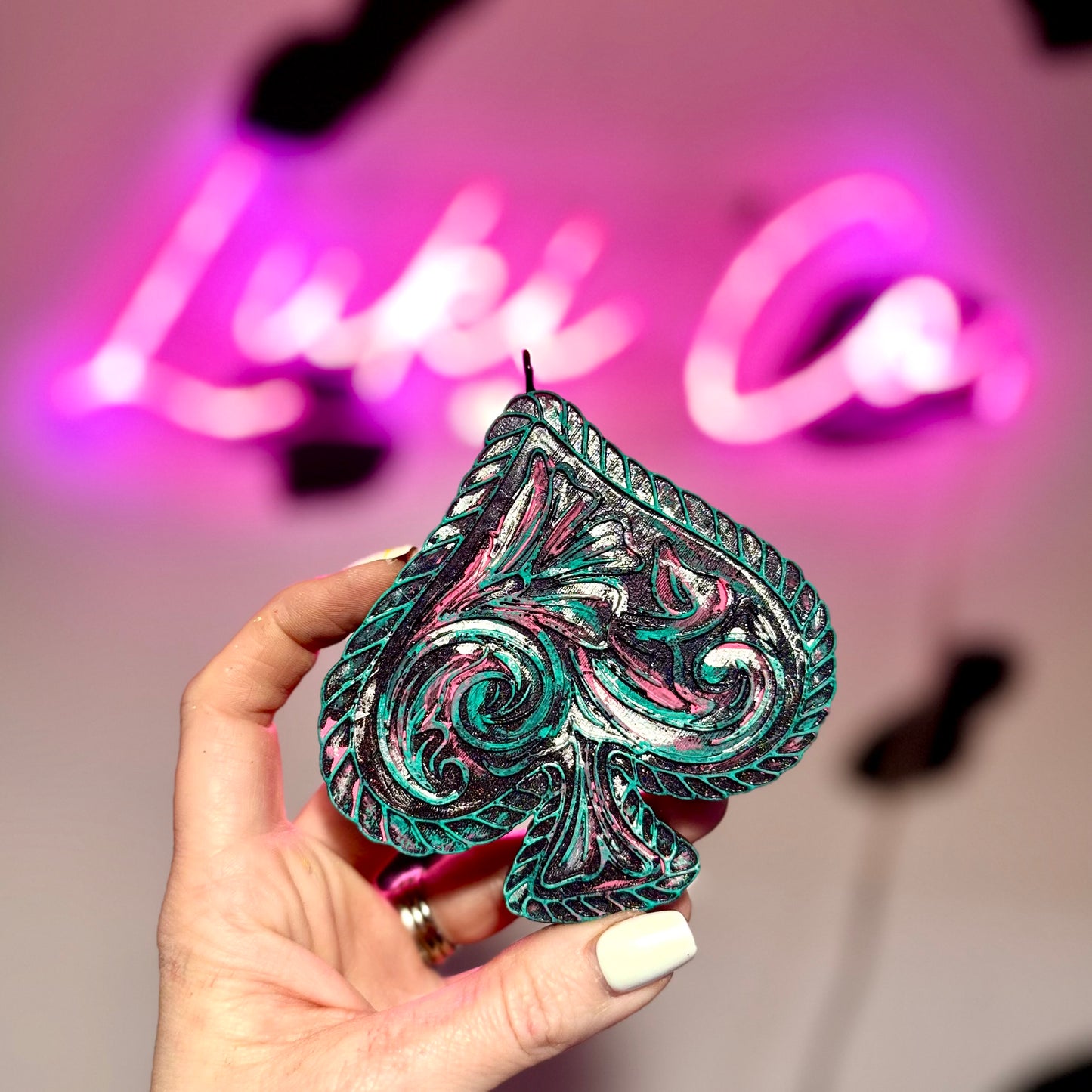 Pink & Teal Western Embossed Spade Car Freshie