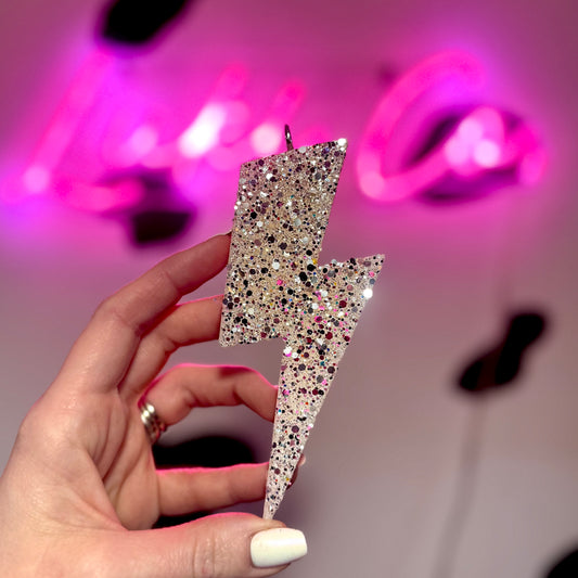 White Glitter Lightning Bolt Car Freshie
