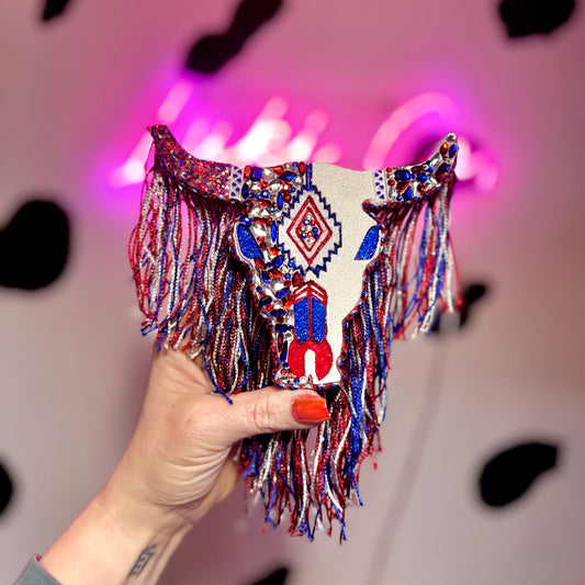 American Rhinestone Fringe Bull Skull Car Freshie