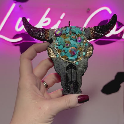 The Turquoise Cow Girl Bull Skull Car Freshie