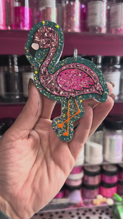 Rhinestone Flamingo With Blue Background - Car Freshie