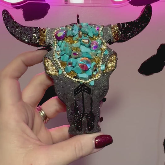 The Turquoise Cow Girl Bull Skull Car Freshie