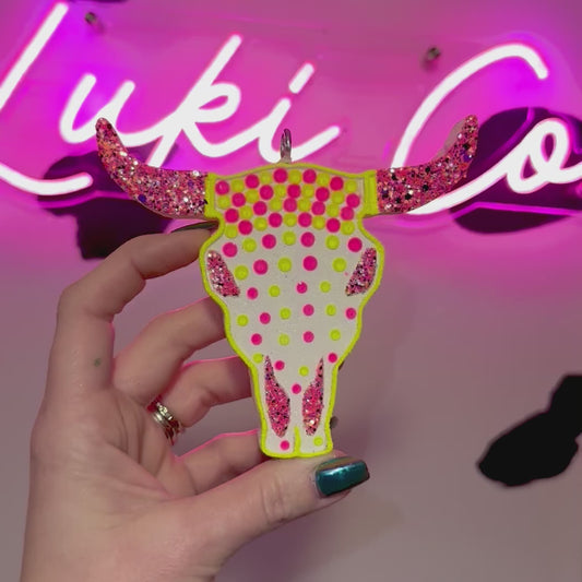 Neon Lights Rhinestoned Bull Skull  Car Freshie