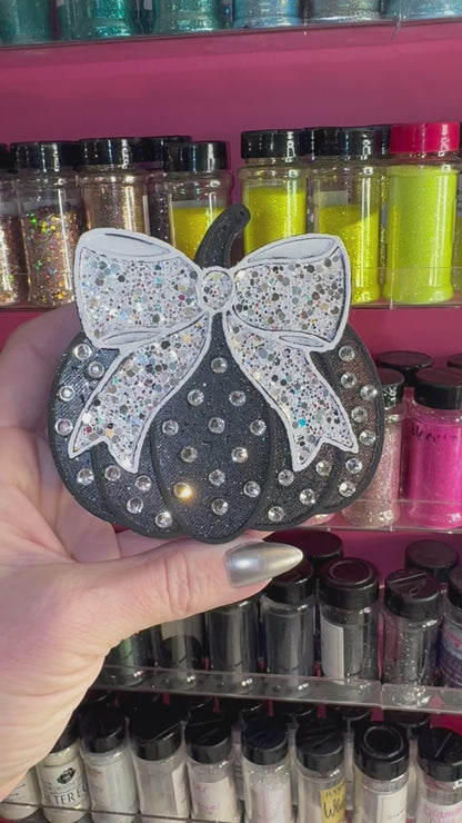 Rhinestoned Black Pumpkin with Bow Car Freshie