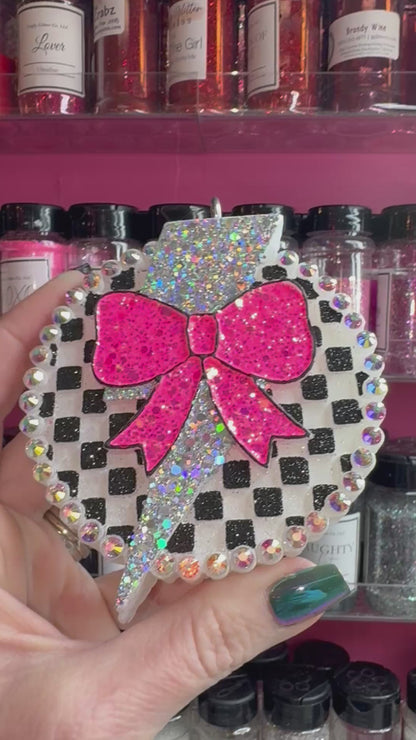 Checkered Bolt/Bow with Rhinestones Car Freshie